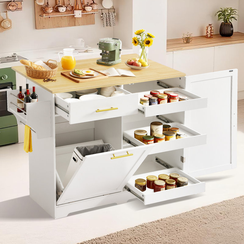 Chariot pour îlot de cuisine roulant avec abattant, îlots de cuisine portatifs avec armoire de rangement, tiroir, porte-serviettes à épices, table d'îlot de cuisine avec armoire de rangement pour poubelles, table d'îlot mobile, blanc