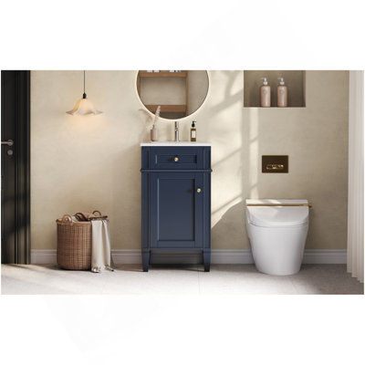 Ensemble de meuble-lavabo simple 18 po avec lavabo en céramique, ensemble de meuble-lavabo autoportant avec porte à fermeture douce, tablette réglable, style français, pieds, bleu