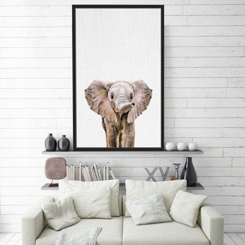 Bébé éléphant par - photographie, Cadre flottant noir, H 33,5 po x l 21,5 po x P 2 po