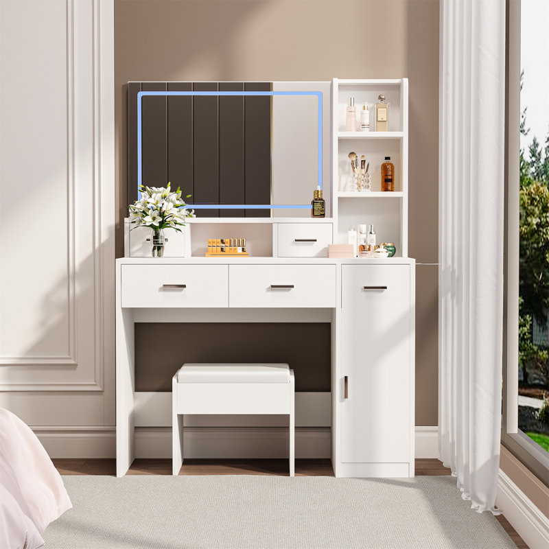 Dressing Table With LED 3-Colour Illuminated Mirror And Power Outlet, White