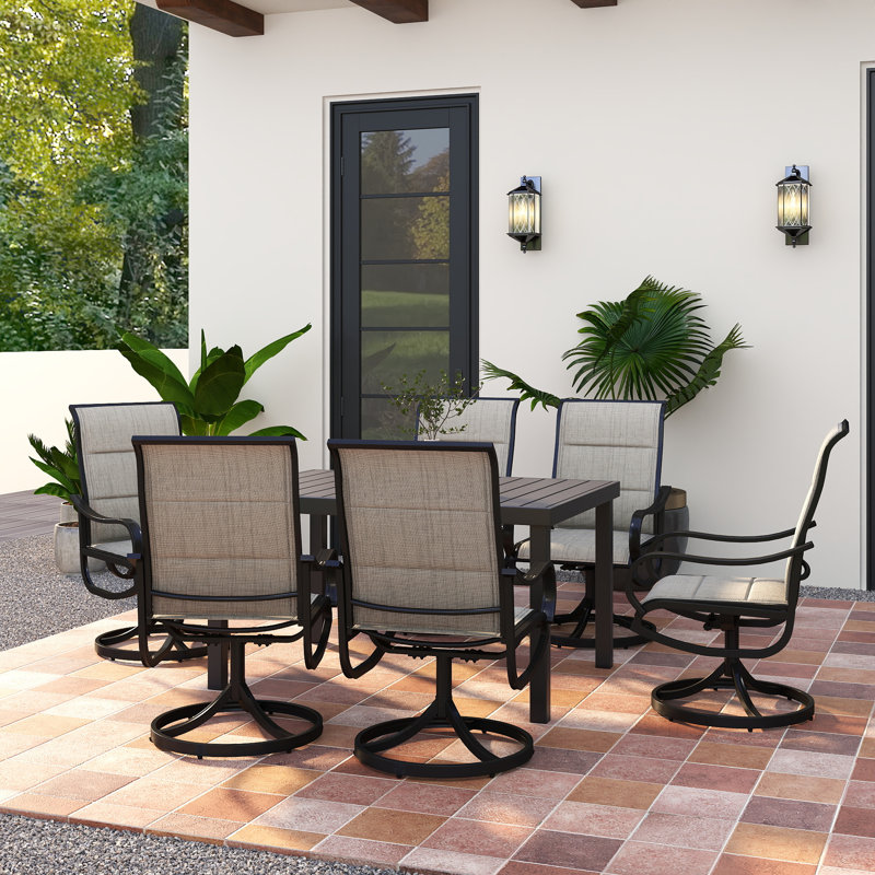 Outdoor Dining Set With Swivel Fabric Dining Chair, 6, Dark Gray, 29.1" H x 55.1" W x 35.4" D
