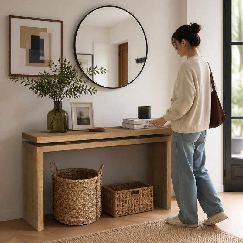 60" Farmhouse Console Table with Two-Tier Open Shelves and Solid Wood Frame, Antique Brown, Antique Brown