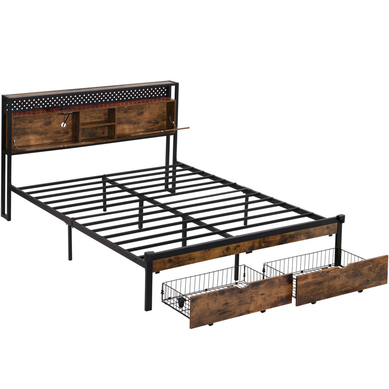 Queen Size Metal Platform Bed Frame With Wooden Headboard And , Charging Pattern, 2 Drawers For Storage, Led Lights, No Box Spring Required, Simple Assembly Merger. : Bed, Headboard, Merger Frame,