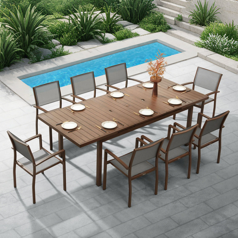 Extendable 8 - Person Outdoor Dining Set, Aluminum Tabletop With Umbrella Hole Designed, Dark Brown