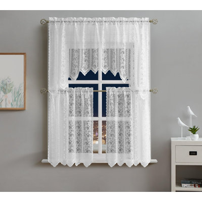 3 Piece White Leaves Kitchen Window Curtains Bundle Includes 2 36 Inch Tiers & Valance.
