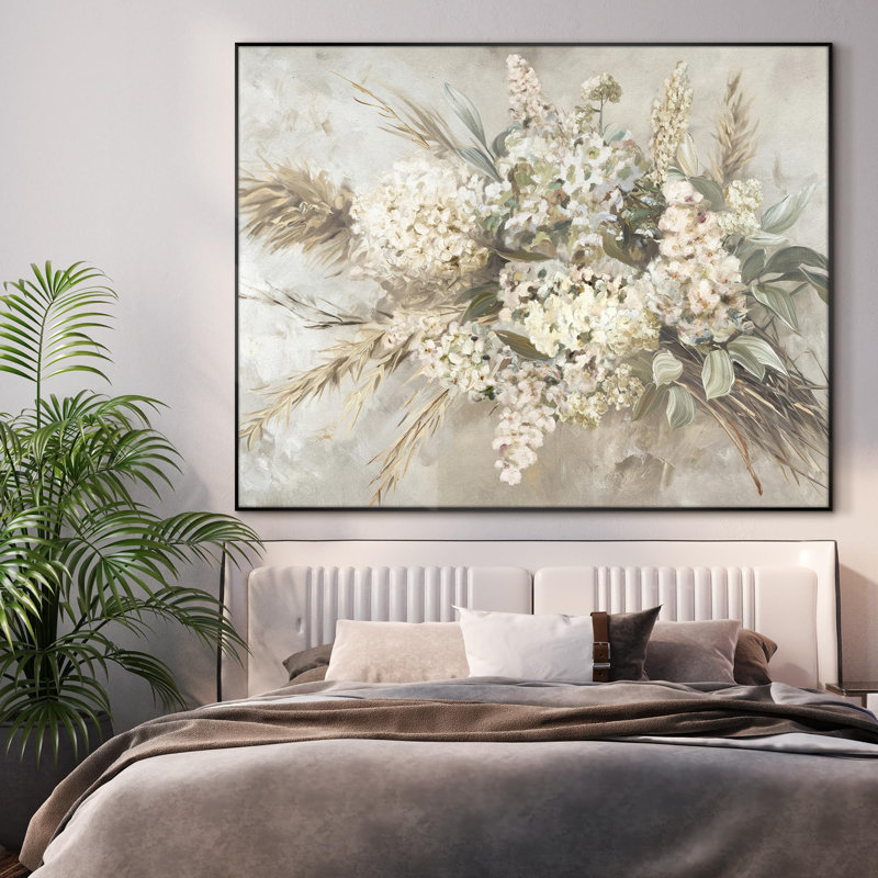 Extra Large Wall Art Fabric Print - Elegant Whimsical White Flower Bouquet Illustrations Artwork Decor for Living Room or Bedroom - "Frame Assembly Required (Unfinished Frame)"