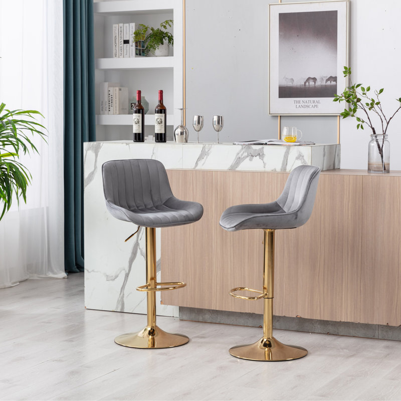 Set of 2 Swivel Bar Stools with Chrome Footrest and Base, Light Gray