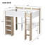 Lit mezzanine double en bois pleine grandeur avec tablettes de rangement intégrées, portemanteaux et bureau, blanc + naturel