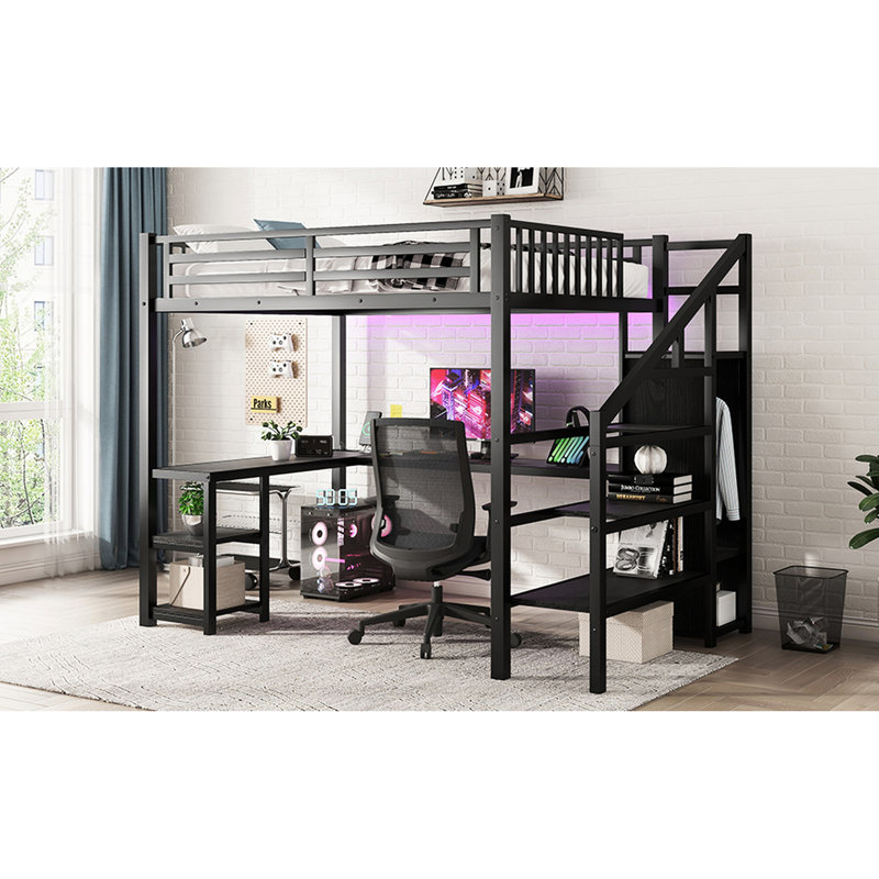 Lit mezzanine double en métal avec garde-robe, bureau, douille et conduit pour un cadre de chambre à coucher enchanteresse