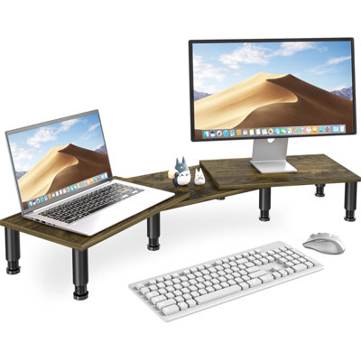 Dual Monitor Stand Riser, Monitor Stand with Adjustable Length and Angle, Wood Monitor Stand for Desk, Monitor Riser for 2 Monitors with Storage Space