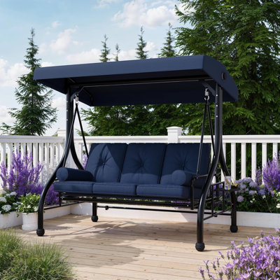 Balancelle d'extérieur, chaise de patio 3 places avec auvent réglable, balançoire d'extérieur robuste avec plateaux porte-gobelets