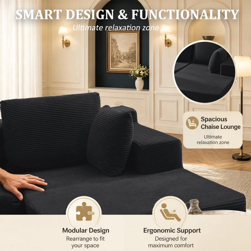 Canapé modulaire moderne en L avec méridienne et siège à compression profonde, sans assemblage requis, Black Corduroy