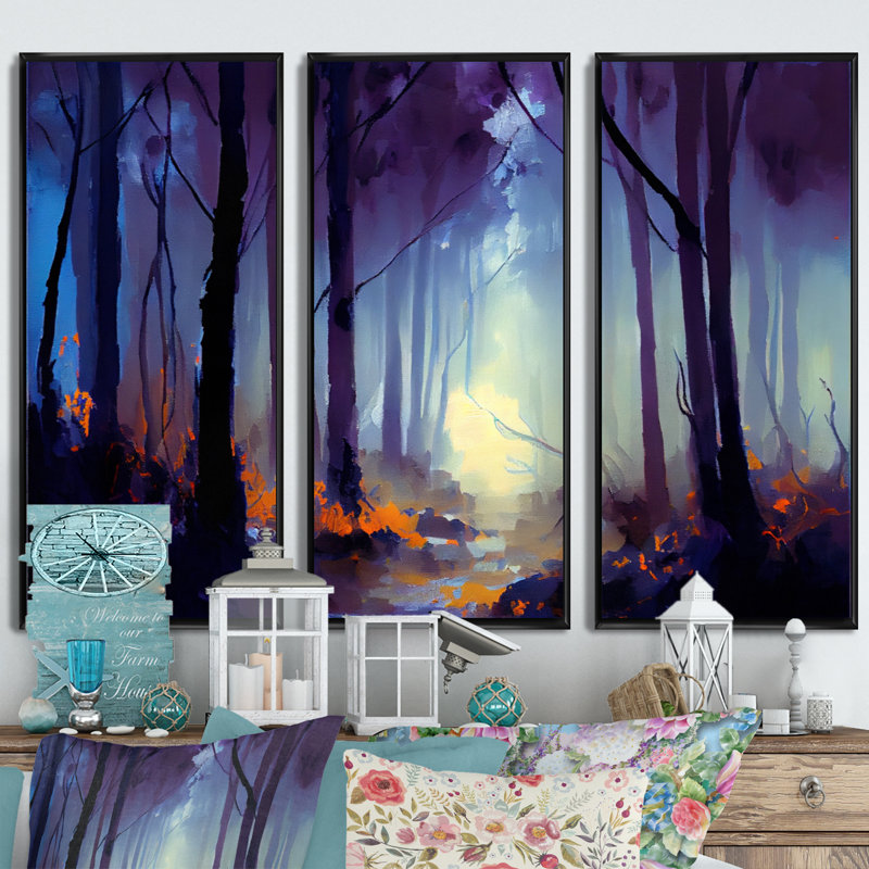 «Blue Trees at Dawn in the Forest I», reproduction de 3 pièces, Cadre flottant noir, H 28 po x l 36 po x P 1 po