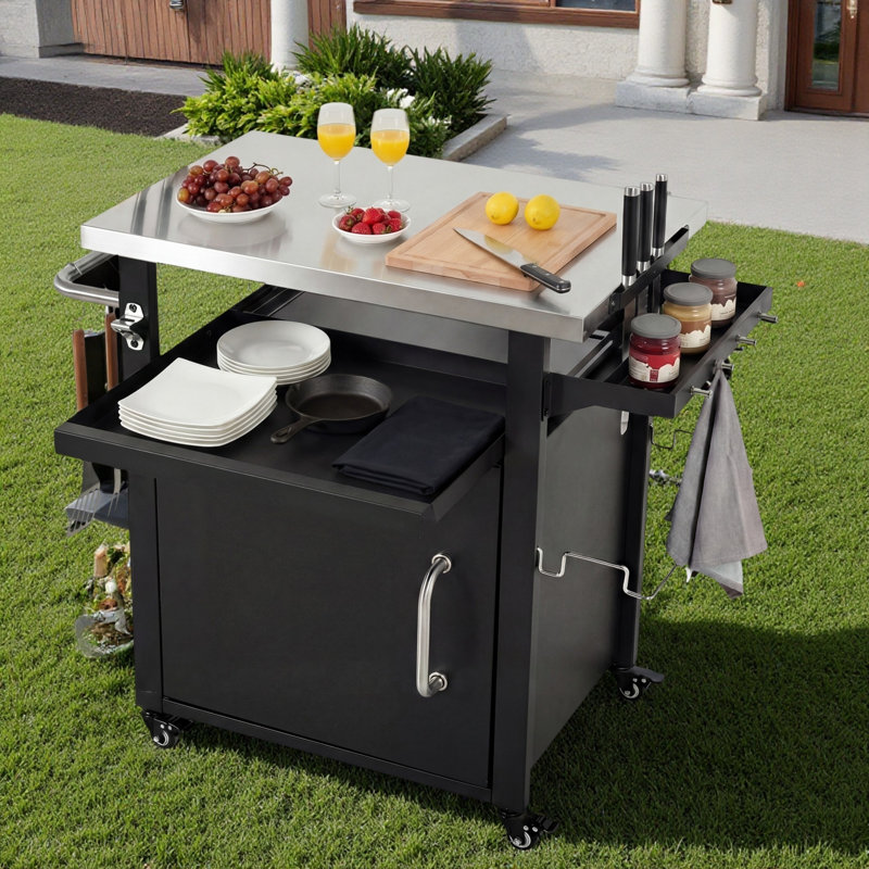 Îlot de cuisine avec roulettes, plateau en acier inoxydable, support à papier et couvercle imperméable pour l'extérieur
