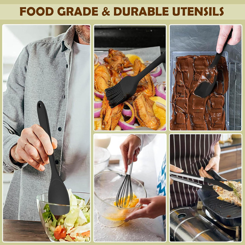 Kitchen Utensils Set Of 12, Silicone Cooking Utensils Set With Holder For Baking, Cooking, Non Stick & Heat Resistant Cookware Include Spatula Whisk Spoon Turner Tongs, Dishwasher Safe (Black)