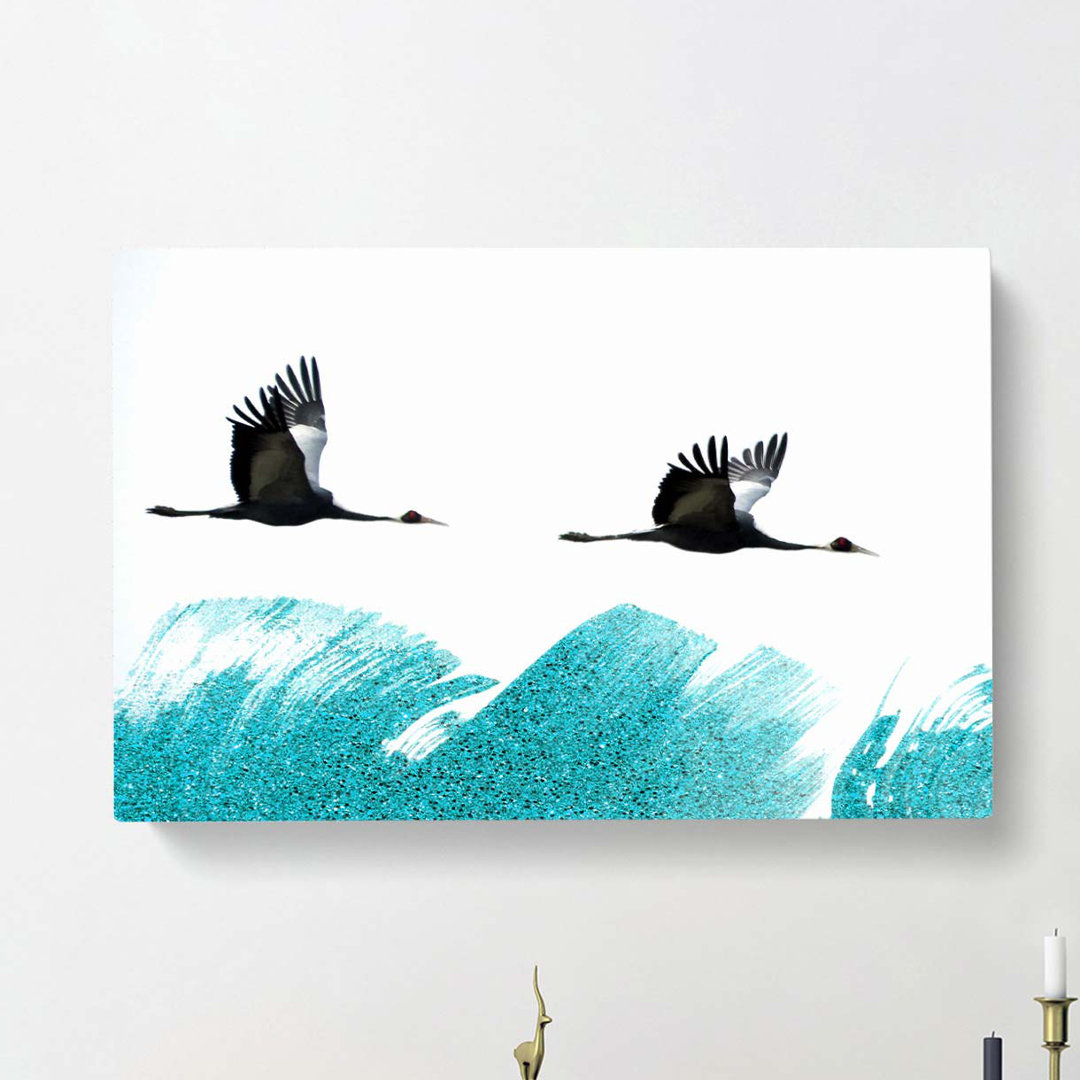 A Couple Of Crane Birds Flying In Abstract - Wrapped Canvas