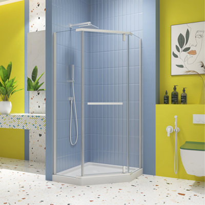 Porte de douche pivotante, en verre trempé de 1/4 po, enceinte de douche néo-angle sans cadre 34,75 po x 72 po en blanc mat.