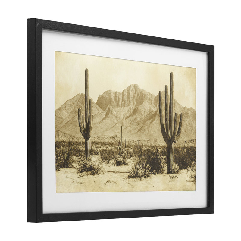 Desert Landscape Vintage Sepia Framed Print Under Glass, design by Petal Prints Design, 14" H x 20" W, Midnight Black Frame