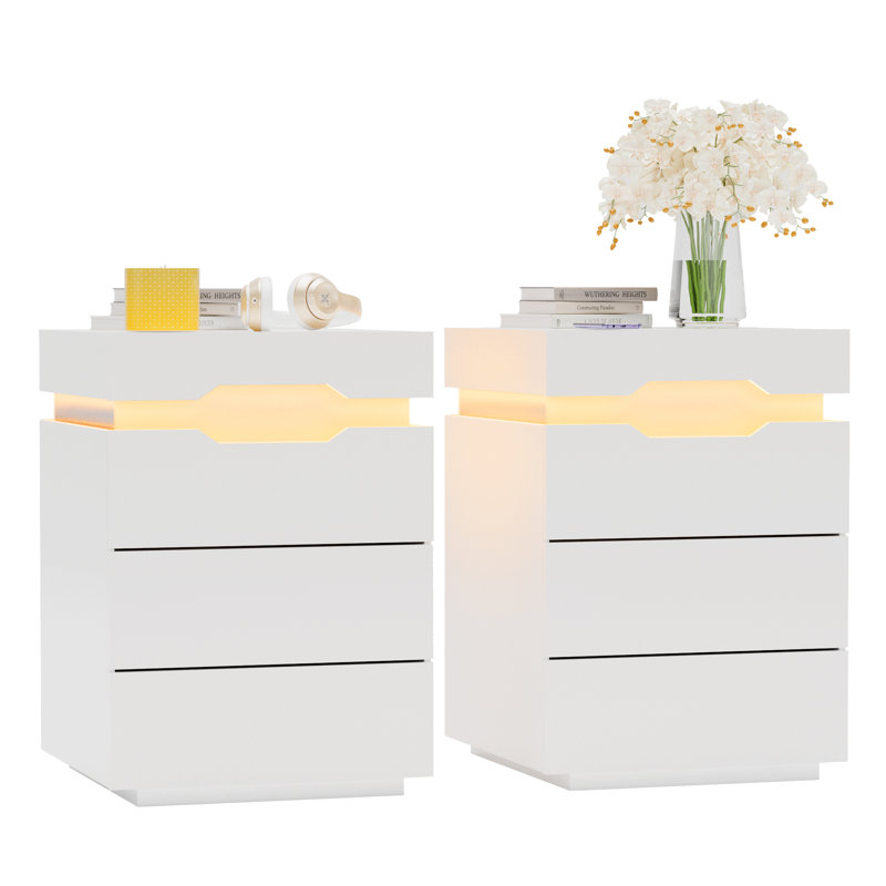 Table de chevet avec station de charge sans fil, lumière DEL et 2 tiroirs Emmakay, Set of 2, 3