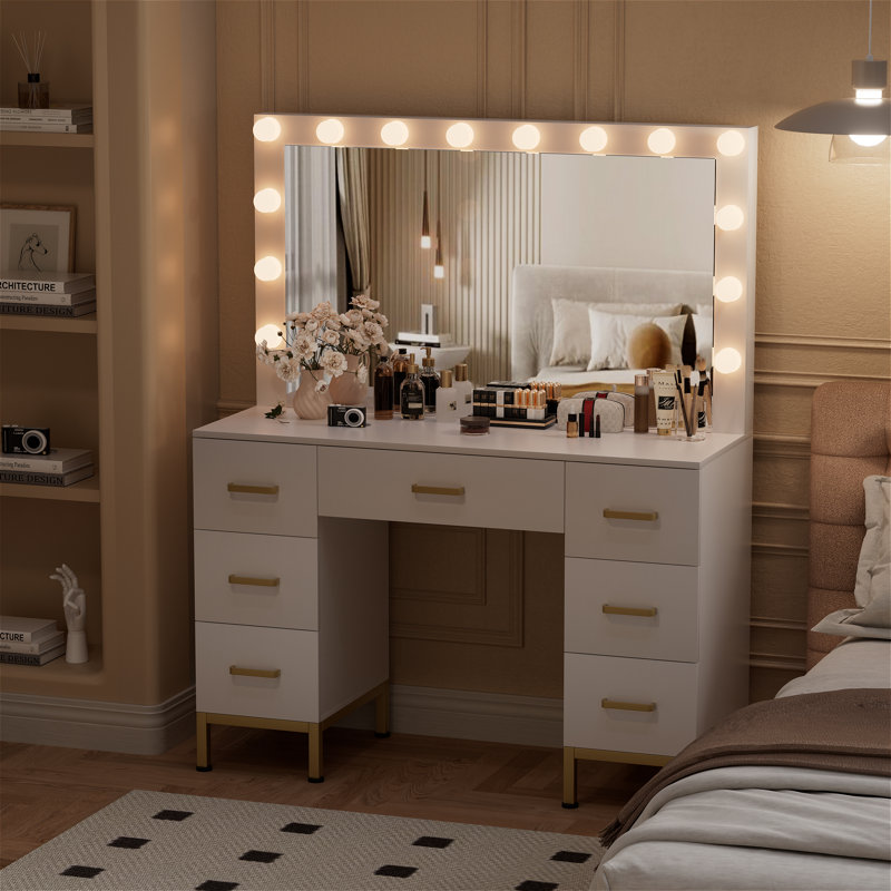 Azmira 43.3'' Large Makeup Vanity, Vanity Set with Lighted Mirror, White