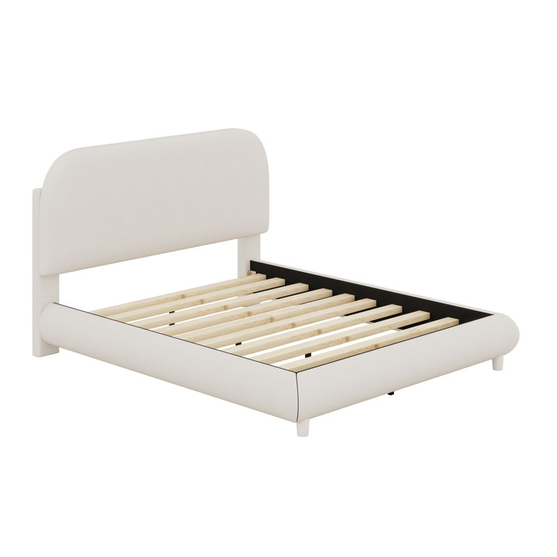 Lit plateforme tapissier avec tissu épais, structure solide et design courbé élégant, Beige, Double