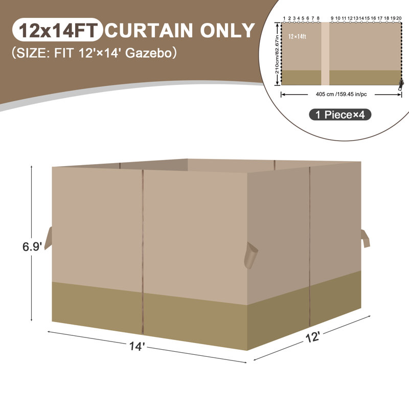 Aoodor Replacement 4-Panel Gazebo Sidewall Curtains, Sand Yellow and Khaki, 82.7" H x 144" W x 168" D