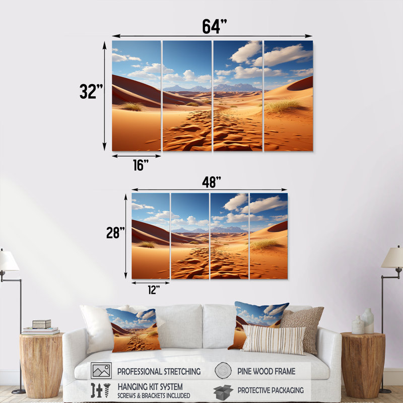 Dunes désertiques, horizon panoramique V - Désert, art mural 4 pièces, H 32 po x l 64 po