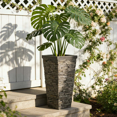 Grand pot à fleurs MGO à effet de pierre gris - Grand pot d'intérieur d'intérieur carré à texture de brique réaliste, contenant résistant aux intempéries pour arbres, arbustes et grandes plantes