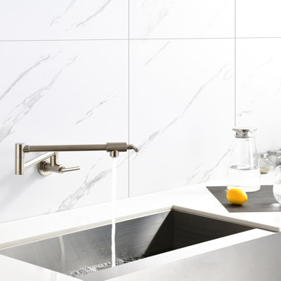 Robinet de robinet de cuisine mural pliant en nickel brossé - Poignées doubles pour un débit d'eau efficace, surface spéciale contre la corrosion et les empreintes digitales, installation d'aérateur silencieuse