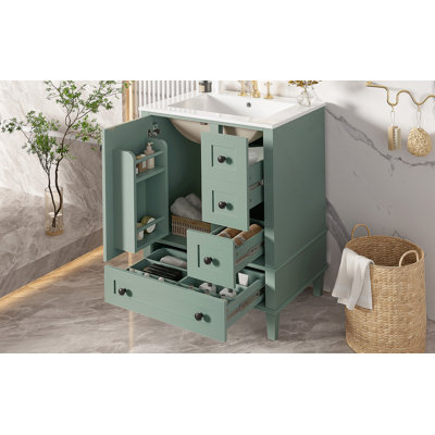 Meuble-lavabo de salle de bain avec lavabo en céramique, tiroirs à fermeture en douceur et une porte à fermeture en douceur