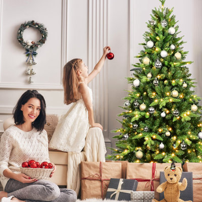 7ft Christmas Tree With 450 Warm White Led Glow, 1692 Tips Realistic Pe+ Composition, Hinged Structure, Metal Stand For Festive Decor , Construction, Branches, Season