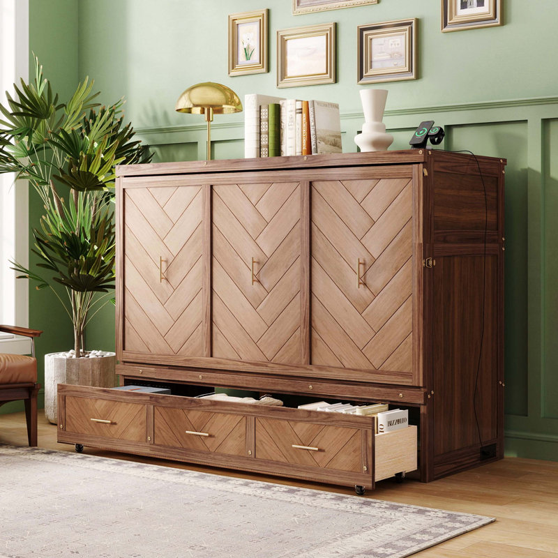 Grand lit escamotable en bois de pin avec station de charge USB intégrée et panneau de décoration géométrique, noyer clair