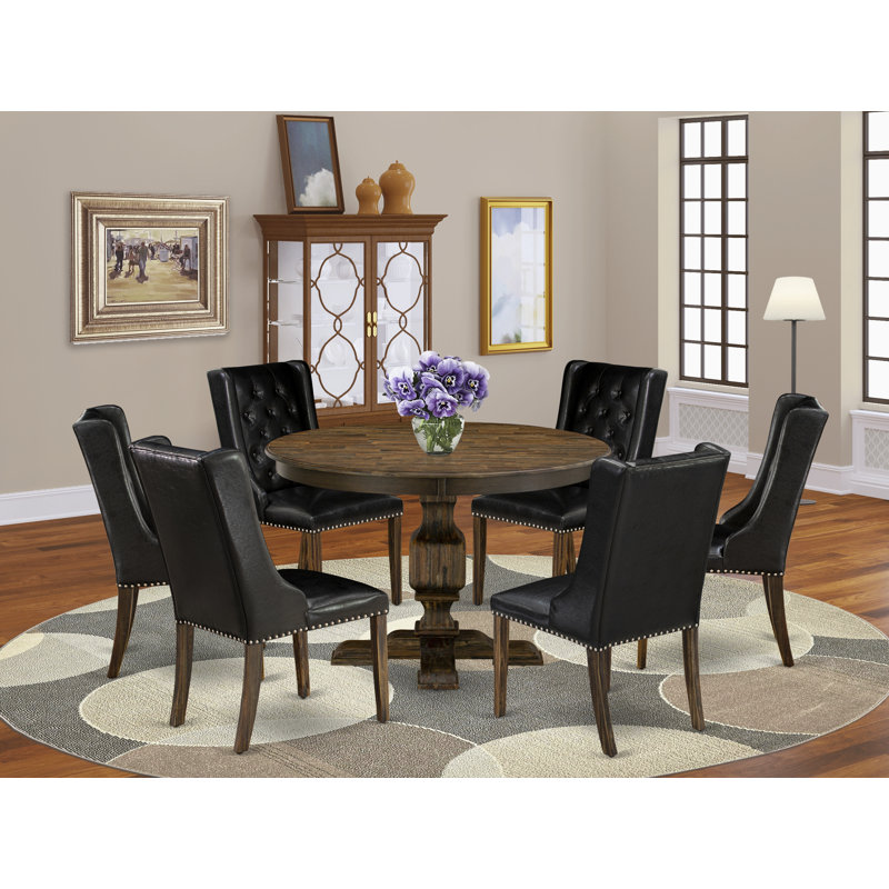Distressed Jacobean Round Pedestal Dining Set with Black Upholstered Chairs