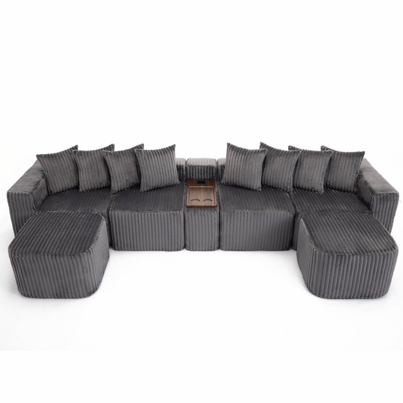 137.5" Modular Corduroy U Shaped Sofa, Gray Corduroy