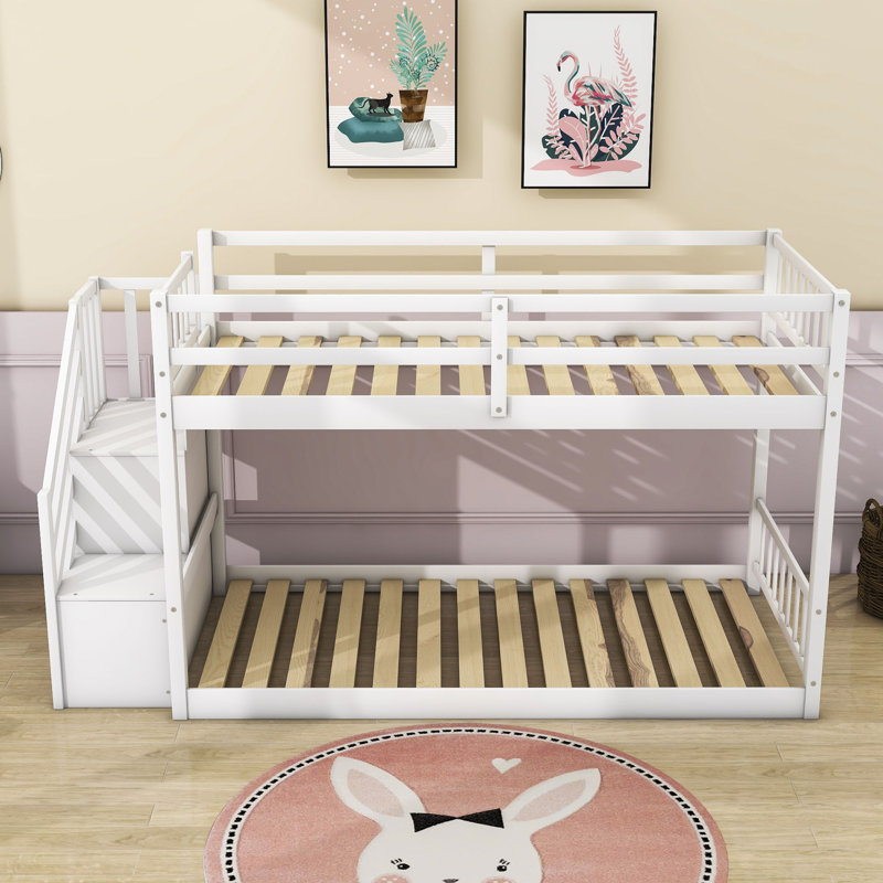 Kendry Kids Twin Over Twin Bunk Bed with Storage Stairs, White