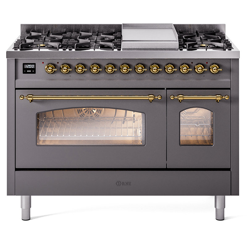 ILVE Nostalgie II Series 48 inch Dual Fuel Range with 8 Sealed Burners, Griddle (Glass Door), Liquid Propane