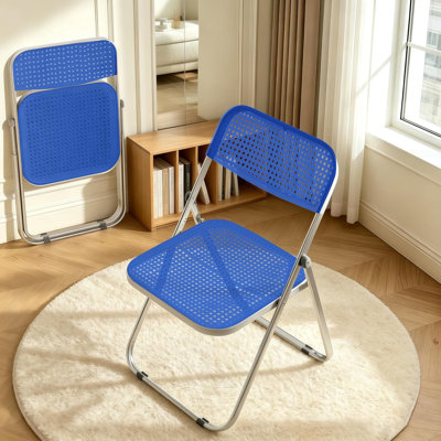 XUEGW Set of 2 Steel Frame PVC Stackable Folding Chair With Anti Slip Foot Pads, Blue