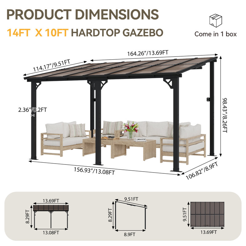 Aoxun 14’X10’ Gazebo Wall Mounted Gazebos Pergola, 98" H x 168" W x 120" D