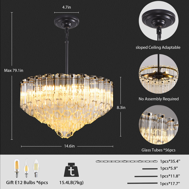 Lustre moderne gradué à niveaux 6 lumières 14 "avec abat-jour en verre Eulalia, Noir mat