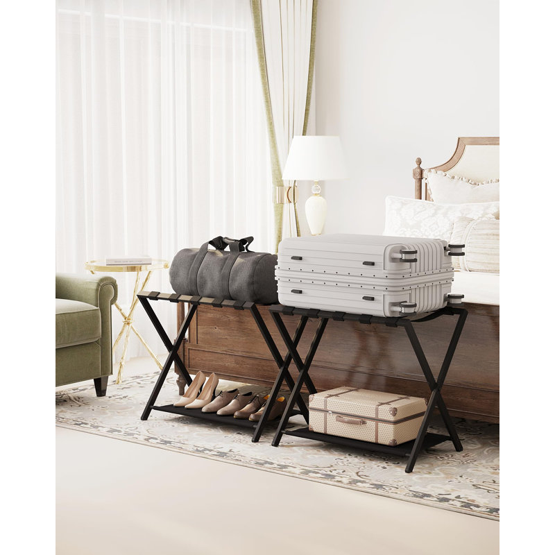 Porte-bagages, support de valise pliable pour invité, pliable, porte-bagages avec tablette, structure en acier avec sangles en nylon, peut supporter jusqu'à 154 lb, noir, paquet de 2