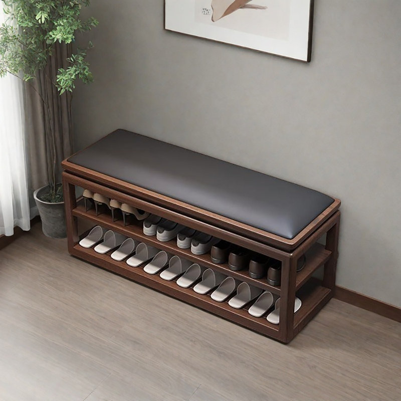 39.4in Shoe Changing Stool Shoe Storage Bench, Black/Dark Walnut
