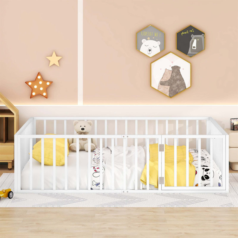 Metal Floor Bed Frame With Fence And Door, White, Queen