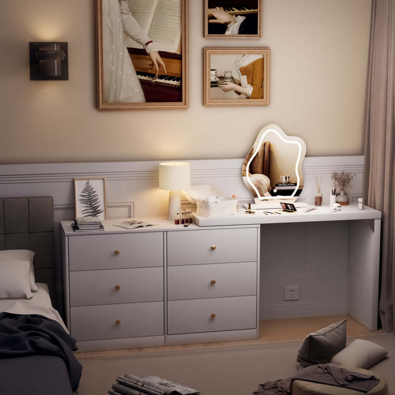 Gouldin Vanity Desk with Lighted Mirror, Extendable Vanity Table with 6 Drawers