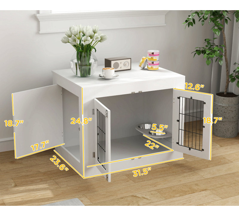 Mobilier pour cage de chien avec bols pivotants amovibles à 360 °, blanc