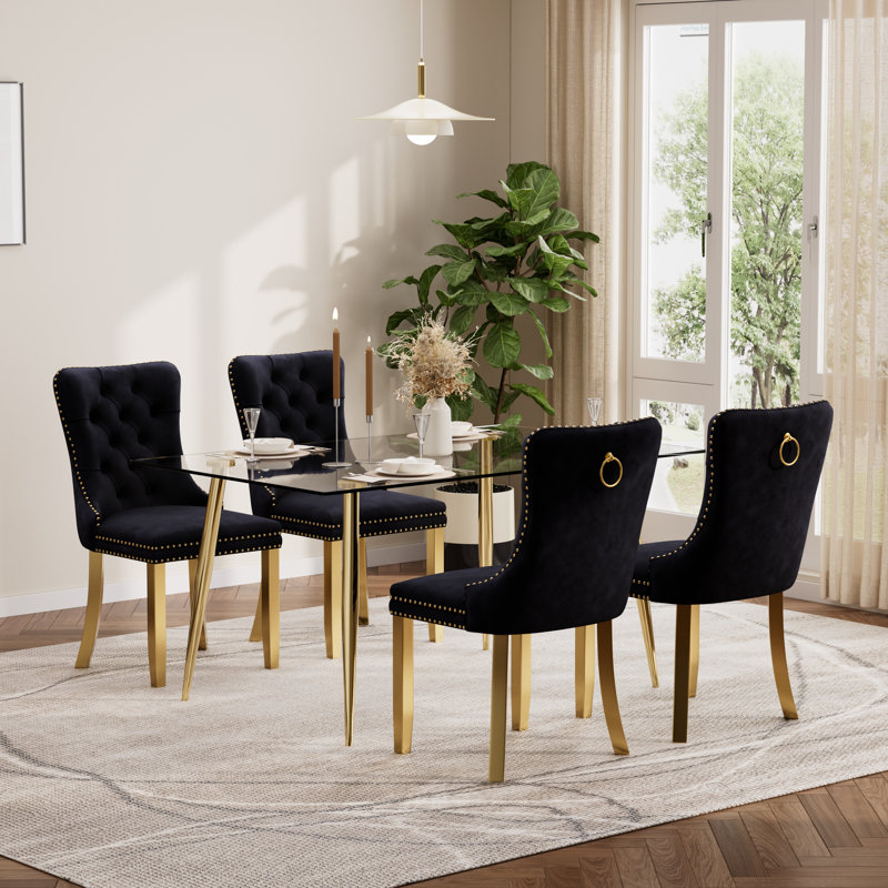 Ensemble de table de salle à manger rectangulaire moderne en verre trempé, table de salle à manger de luxe avec chaise de salle à manger en velours capitonné
