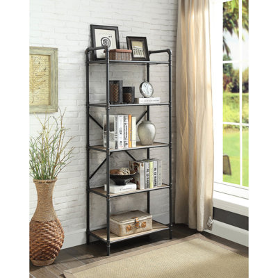 Bibliothèque au fini chêne antique et gris sableux - style industriel à structure ouverte avec tubes ronds en métal Rangement abondant pour les livres et les articles essentiels Structure l 26 po x P 14 po H 63 po