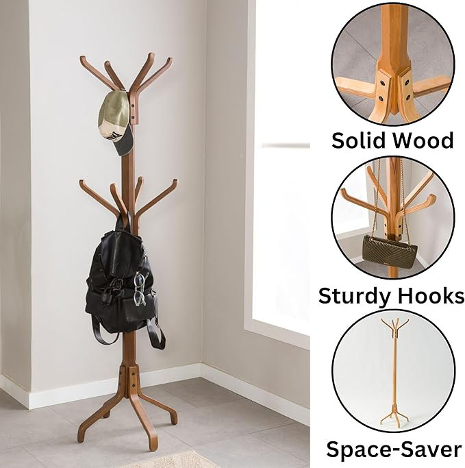 Solid Wood Coat Rack Freestanding, Coat Stands Entryway, Coat Rack Hat Hanger Hook for Jacket, Purse, Scarf Rack, Mid Century Umbrella Tree Stand (6-hook, Natural)