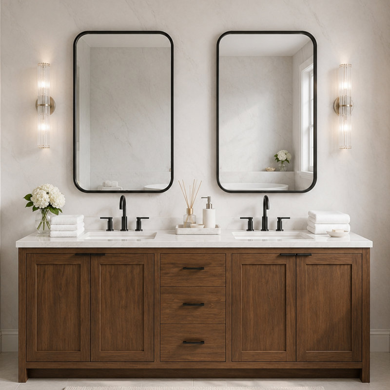 Set of 2 Modern Metal Framed Tempered Glass Wall  Mirrors,  Bathroom Vanity Mirror Set, Matte Black, 36" x 24"