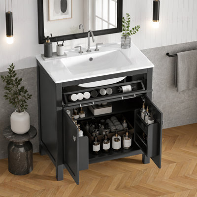 Meuble-lavabo avec lavabo en céramique, armoire de salle de bain simple moderne avec 2 portes et une tablette, portes à fermeture douce