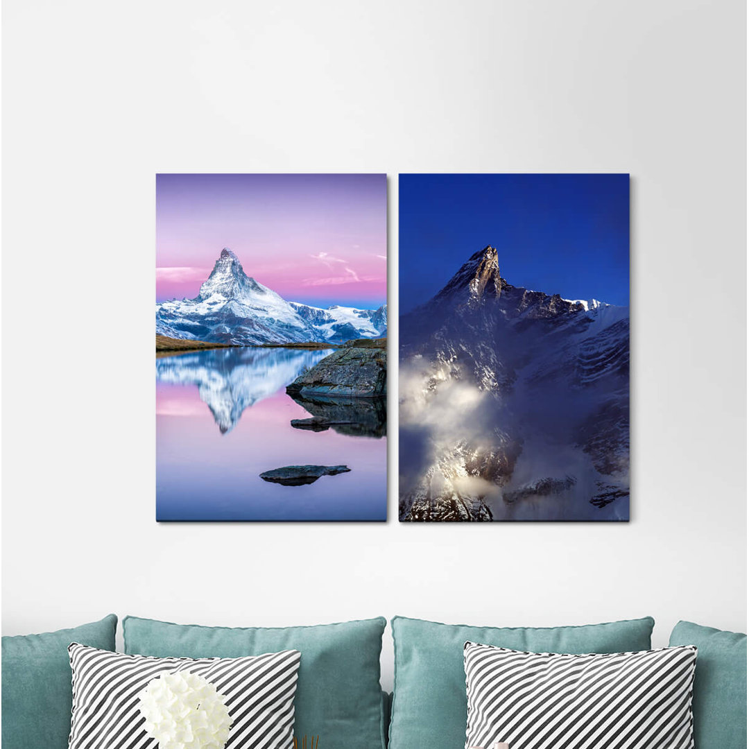 2-tlg. Leinwandbilder-Set - Grafikdruck "Berggipfel Bergsee Kühle Reflexion Schneegipfel Majestätische Stille"